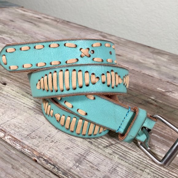 Vintage Accessories - Boho leather belt aqua topstitch whipstitch detail